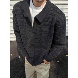 深灰色針織開衫外套男款秋冬慵懶風高級感男裝cleanfit翻領毛衣