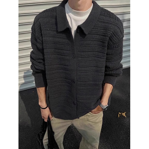 深灰色針織開衫外套男款秋冬慵懶風高級感男裝cleanfit翻領毛衣