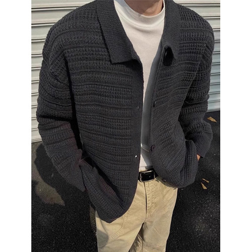 深灰色針織開衫外套男款秋冬慵懶風高級感男裝cleanfit翻領毛衣