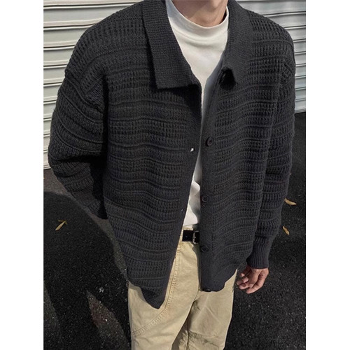 深灰色針織開衫外套男款秋冬慵懶風高級感男裝cleanfit翻領毛衣