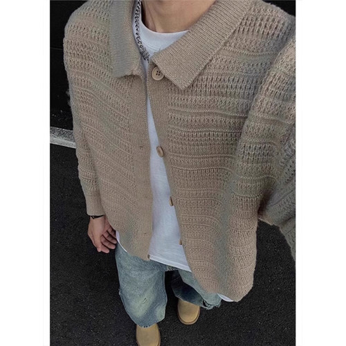 深灰色針織開衫外套男款秋冬慵懶風高級感男裝cleanfit翻領毛衣