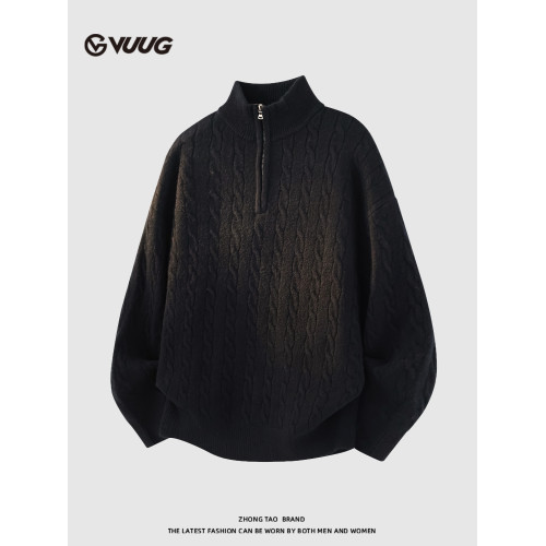 VUUG老錢風半高領麻花紋毛衣男秋冬季慵懶高級感休閒半拉鍊針織衫