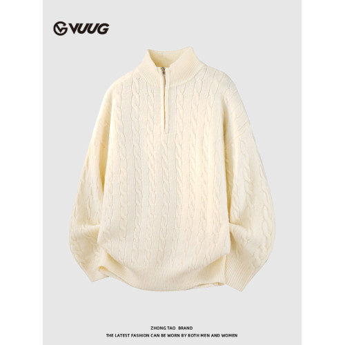 VUUG老錢風半高領麻花紋毛衣男秋冬季慵懶高級感休閒半拉鍊針織衫