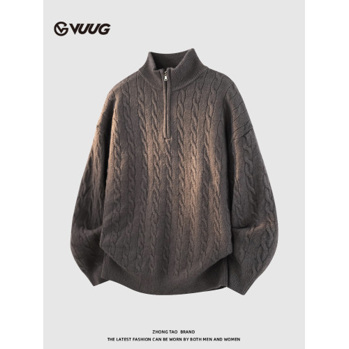 VUUG老錢風半高領麻花紋毛衣男秋冬季慵懶高級感休閒半拉鍊針織衫
