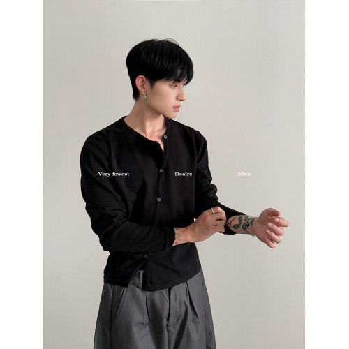 VERY FEWEST 小衆斜門襟短款正肩長袖針織衫老錢設計感開衫毛衣