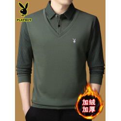 花花公子假兩件毛衣男加絨加厚打底衫2025冬季新款休閒保暖羊毛衫