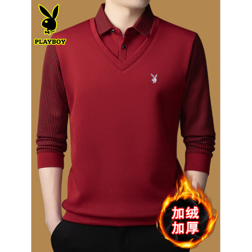 花花公子假兩件毛衣男加絨加厚打底衫2025冬季新款休閒保暖羊毛衫