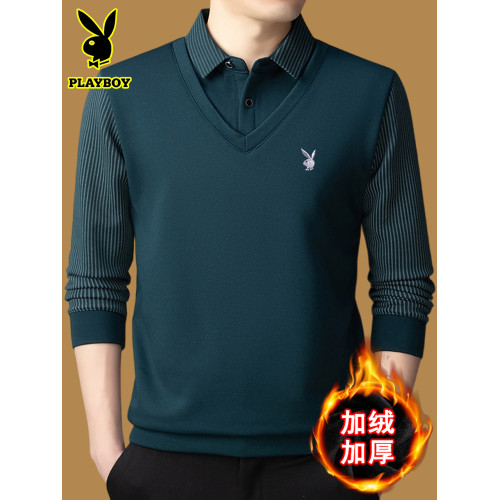 花花公子假兩件毛衣男加絨加厚打底衫2025冬季新款休閒保暖羊毛衫