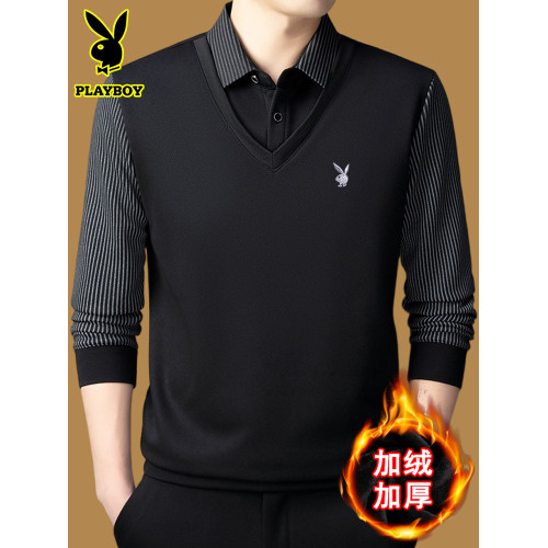 花花公子假兩件毛衣男加絨加厚打底衫2025冬季新款休閒保暖羊毛衫