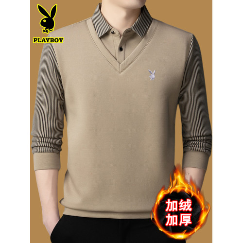 花花公子假兩件毛衣男加絨加厚打底衫2025冬季新款休閒保暖羊毛衫