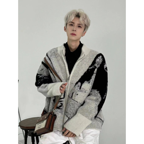 高級感荊棘刺綉漸變毛衣開衫外套秋冬男vintage慵懶風拉鍊針織衫