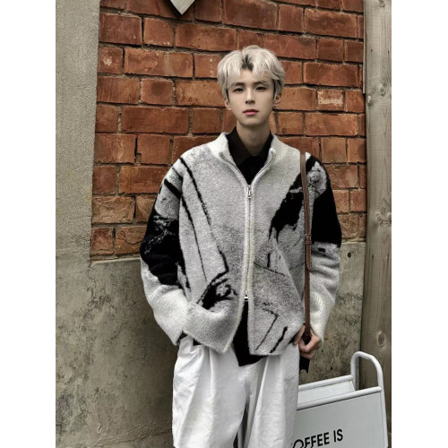 高級感荊棘刺綉漸變毛衣開衫外套秋冬男vintage慵懶風拉鍊針織衫