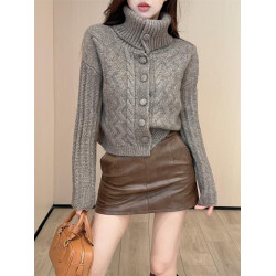 美拉德慵嬾風高領毛衣女秋冬外穿高級感加厚短款針織開衫外套上衣