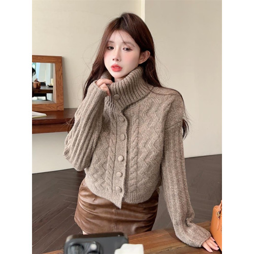 美拉德慵嬾風高領毛衣女秋冬外穿高級感加厚短款針織開衫外套上衣