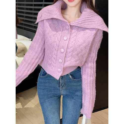 美拉德慵嬾風高領毛衣女秋冬外穿高級感加厚短款針織開衫外套上衣