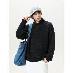 悟空有貨潮牌復古純色半拉鍊立領毛衣男女秋季潮牌情侶寬松針織衫