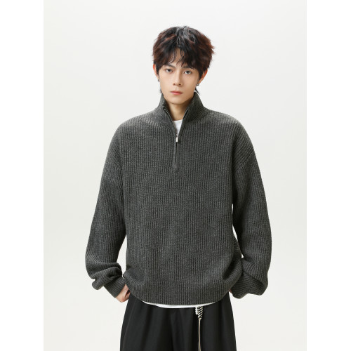 悟空有貨潮牌復古純色半拉鍊立領毛衣男女秋季潮牌情侶寬松針織衫