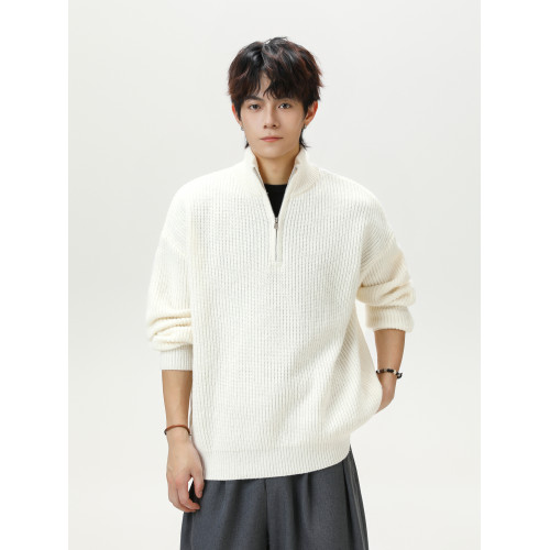 悟空有貨潮牌復古純色半拉鍊立領毛衣男女秋季潮牌情侶寬松針織衫