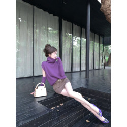 紫色套頭高領毛衣女秋季針織打底衫寬鬆慵嬾風高級感無袖內搭上衣