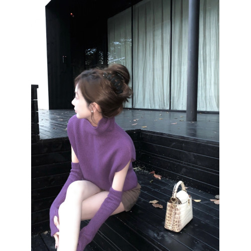 紫色套頭高領毛衣女秋季針織打底衫寬鬆慵嬾風高級感無袖內搭上衣