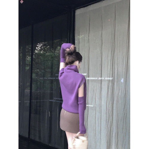 紫色套頭高領毛衣女秋季針織打底衫寬鬆慵嬾風高級感無袖內搭上衣
