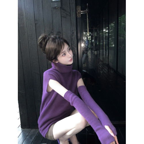 紫色套頭高領毛衣女秋季針織打底衫寬鬆慵嬾風高級感無袖內搭上衣