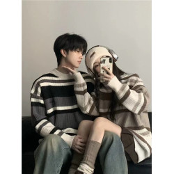 韓系潮牌情侶裝條紋慵嬾風毛衣秋冬2025新款小衆高級感寬鬆針織衫