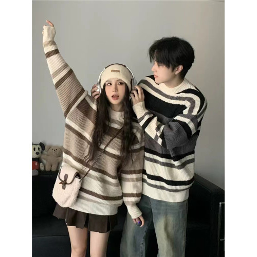 韓系潮牌情侶裝條紋慵嬾風毛衣秋冬2025新款小衆高級感寬鬆針織衫