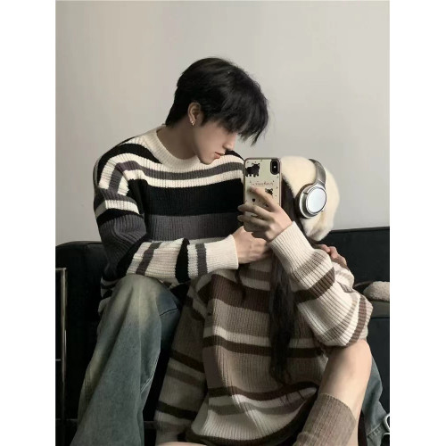 韓系潮牌情侶裝條紋慵嬾風毛衣秋冬2025新款小衆高級感寬鬆針織衫