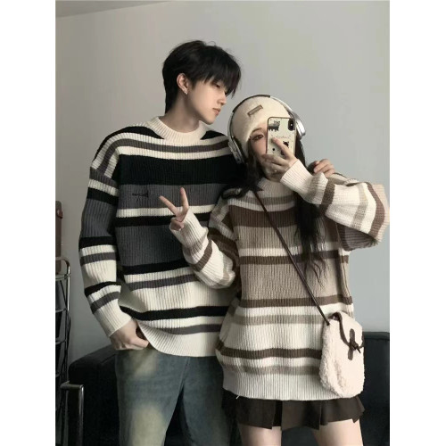 韓系潮牌情侶裝條紋慵嬾風毛衣秋冬2025新款小衆高級感寬鬆針織衫