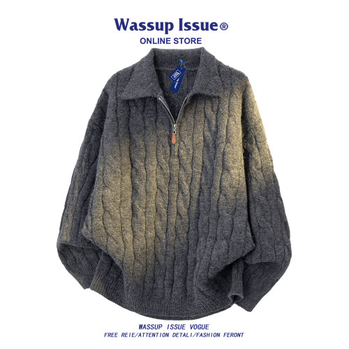 WASSUP ISSUE美式翻領半拉鍊麻花紋針織衫男秋冬情侶毛衣外套男款