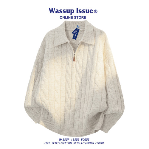 WASSUP ISSUE美式翻領半拉鍊麻花紋針織衫男秋冬情侶毛衣外套男款