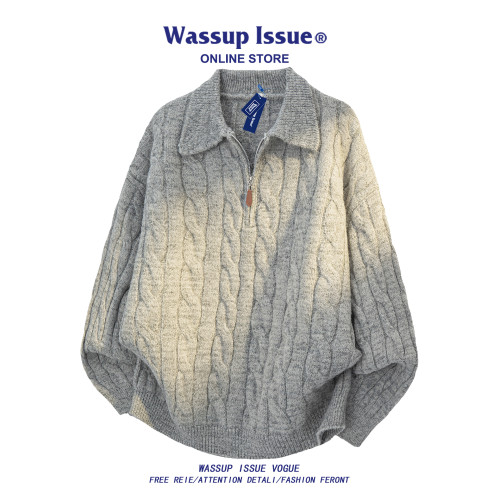 WASSUP ISSUE美式翻領半拉鍊麻花紋針織衫男秋冬情侶毛衣外套男款