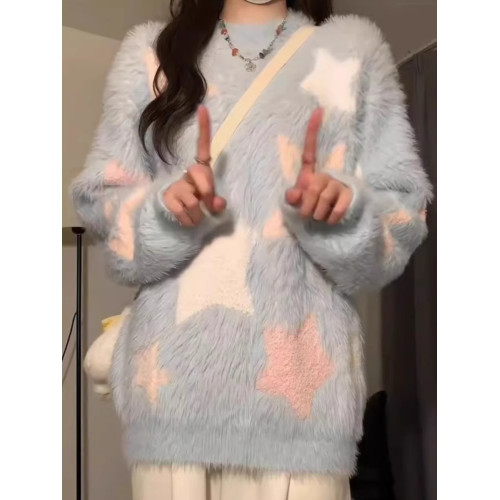 軟糯慵嬾風藍色針織毛衣女秋冬水貂絨套頭日系圓領上衣厚寬鬆顯瘦