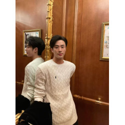 高級小馬標套頭打底衫慵懶米白色麻花紋圓領毛衣男早秋針織衫上衣