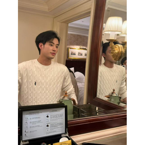 高級小馬標套頭打底衫慵懶米白色麻花紋圓領毛衣男早秋針織衫上衣