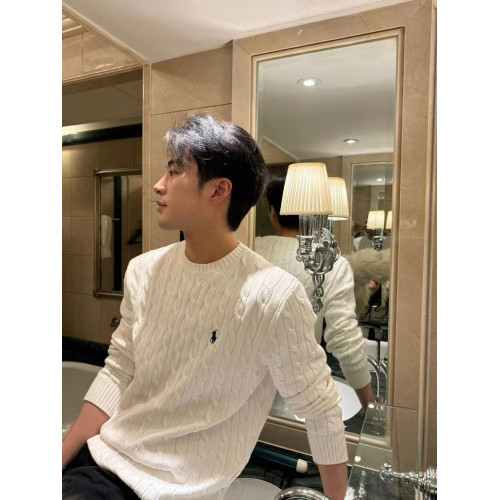 高級小馬標套頭打底衫慵懶米白色麻花紋圓領毛衣男早秋針織衫上衣