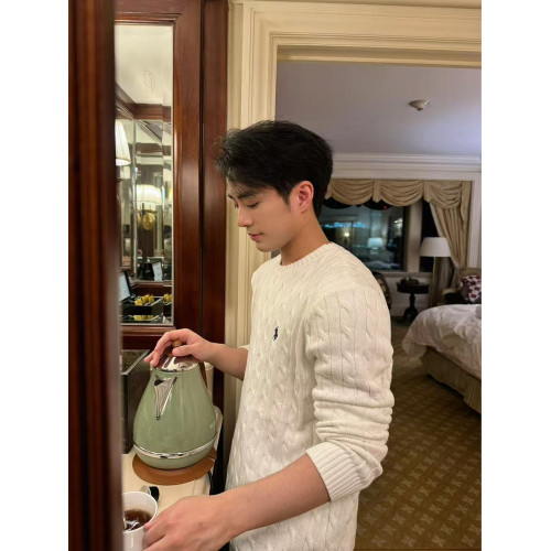 高級小馬標套頭打底衫慵懶米白色麻花紋圓領毛衣男早秋針織衫上衣