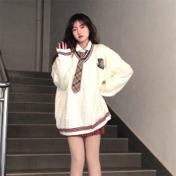 英倫學院風V領毛衣女秋冬季jk製服寬鬆針織衫襯衫裙子三件套裝ins
