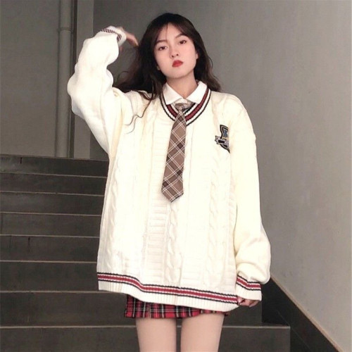 英倫學院風V領毛衣女秋冬季jk製服寬鬆針織衫襯衫裙子三件套裝ins 英倫學院風V領毛衣女秋冬季jk製服寬鬆針織衫襯衫裙子三件套裝ins