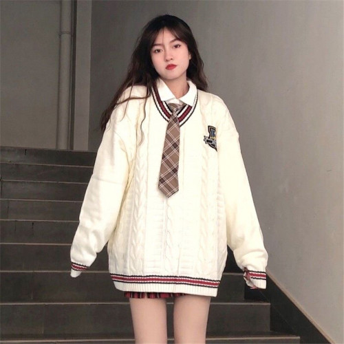 英倫學院風V領毛衣女秋冬季jk製服寬鬆針織衫襯衫裙子三件套裝ins 英倫學院風V領毛衣女秋冬季jk製服寬鬆針織衫襯衫裙子三件套裝ins