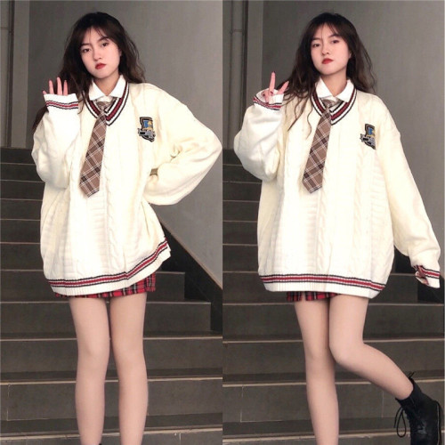 英倫學院風V領毛衣女秋冬季jk製服寬鬆針織衫襯衫裙子三件套裝ins 英倫學院風V領毛衣女秋冬季jk製服寬鬆針織衫襯衫裙子三件套裝ins