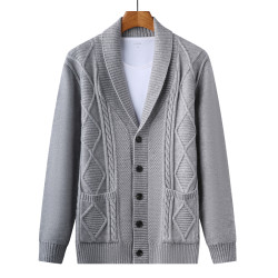 毛衣外套男士裝寬松休閒中年父親春秋季加厚麻花辮翻領針織開衫
