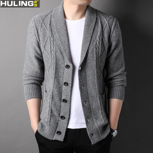 毛衣外套男士裝寬松休閒中年父親春秋季加厚麻花辮翻領針織開衫