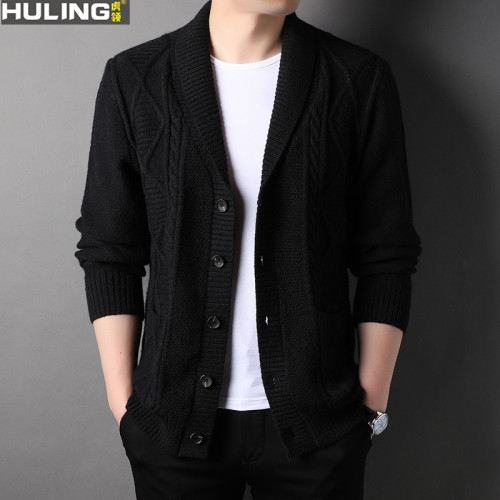 毛衣外套男士裝寬松休閒中年父親春秋季加厚麻花辮翻領針織開衫