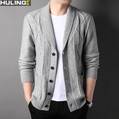 毛衣外套男士裝寬松休閒中年父親春秋季加厚麻花辮翻領針織開衫