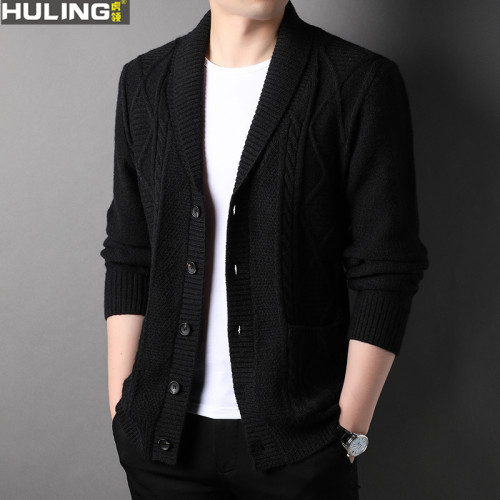 毛衣外套男士裝寬松休閒中年父親春秋季加厚麻花辮翻領針織開衫