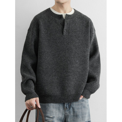 秋冬季圓領毛衣男士加厚款寬松高級感潮流毛線衣純色針織打底衫男