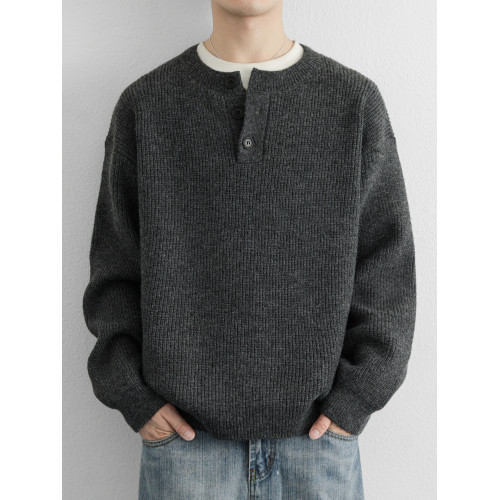 秋冬季圓領毛衣男士加厚款寬松高級感潮流毛線衣純色針織打底衫男