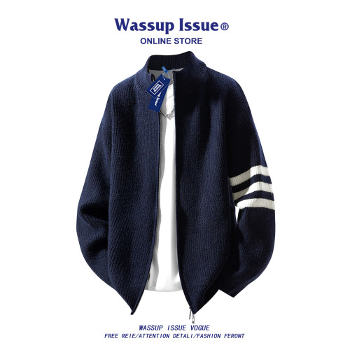WASSUP ISSUE雙拉鍊簡約純色針織毛衣男秋冬季休閒情侶開衫外套男